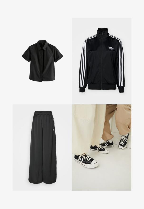 Crna zip-up jakna s visokim ovratnikom, sa bijelim trostrukim prugama na rukavima i izvezenim logom na prsima. Glatki, sportski materijal.; Crna majica kratkih rukava od glatke tkanine s oštrim ovratnikom, prednjim zatvaranjem na gumbe i suptilnim bočnim šavovima.; Crne slobodne trening hlače izrađene od glatkog materijala. Imaju elastičnu taliju i bočne pruge s logotipom.; Crne platnene tenisice s bijelim gumenim potplatima, s bijelim zvjezdicama i crnim vezicama, u kombinaciji sa svijetlosmešatnim i krem hlačama.