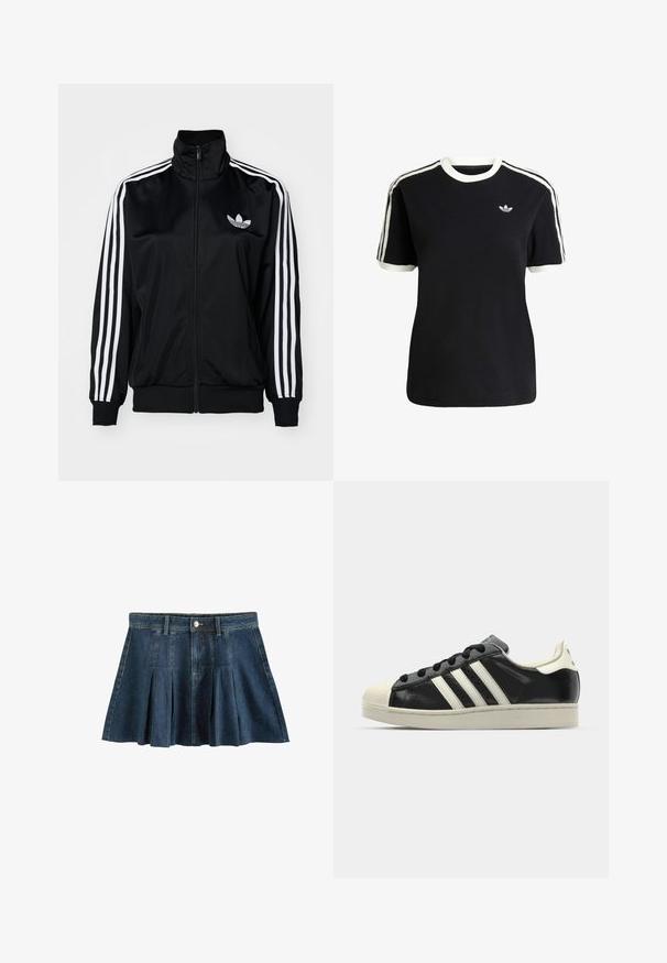 Svart zip-up jacka med hög krage, med vita tre-stripes detaljer på ärmarna och broderad logotyp på bröstet. Slät, sportig tyg.; Svart bomull t-shirt med vita detaljer på kragen och ärmarna, med tre vita ränder på varje axel och en liten logotyp på bröstet.; Next REGULAR FIT - Minikjol - dark blue; Svart lädersneaker med vita ränder, gummitåhätta, svarta snören och en krämfärgad sula. Slät textur med blank yta.