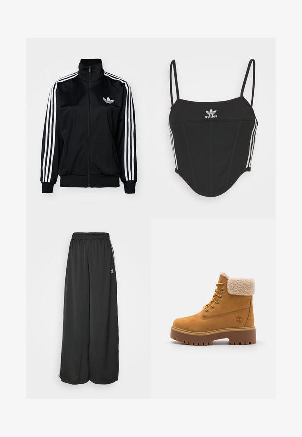 Juodas zip-up džemperis su aukštu apykakle, turintis baltus tris juostų akcentus ant rankovių ir išsiuvinėtą logotipą ant krūtinės. Lygus, sportiškas audinys.; Juodas juostuotas trumpas viršus su reguliuojamomis plonomis petnešomis, puikuojantis trimis baltomis juostelėmis šonuose ir mažuoju balto Adidas logotipu centre.; Juoda laisva kelnės sportui, pagamintos iš lygios medžiagos. Turi elastinį juosmenį ir šonines juosteles su logotipo akcentais.; Tan spalvos zamšos batai su dirbtinio kailio apvadu, auksiniais akių užsegimais ir kontrastinga guma. Su logo šone ir tekstūruotu padu.