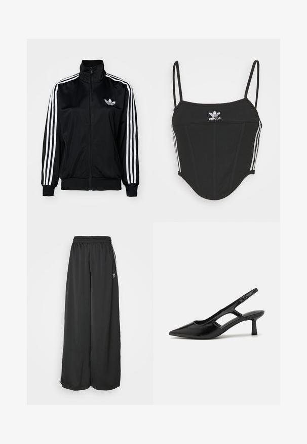 Giacca nera con zip e collo alto, caratterizzata da bande bianche a tre strisce sulle maniche e logo ricamato sul petto. Tessuto liscio e sportivo.; Crop top nero a coste con spalline sottili e regolabili, caratterizzato da tre strisce bianche sui lati e un piccolo logo Adidas bianco al centro.; Pantaloni da jogging neri, morbidi e larghi, realizzati in tessuto liscio. Presentano una vita elasticizzata e strisce laterali con accenti di logo.; Décolleté nere con cinturini alla caviglia e punta affusolata, realizzate in materiale lucido, con dettagli ritagliati e tacco moderato per un buon supporto.