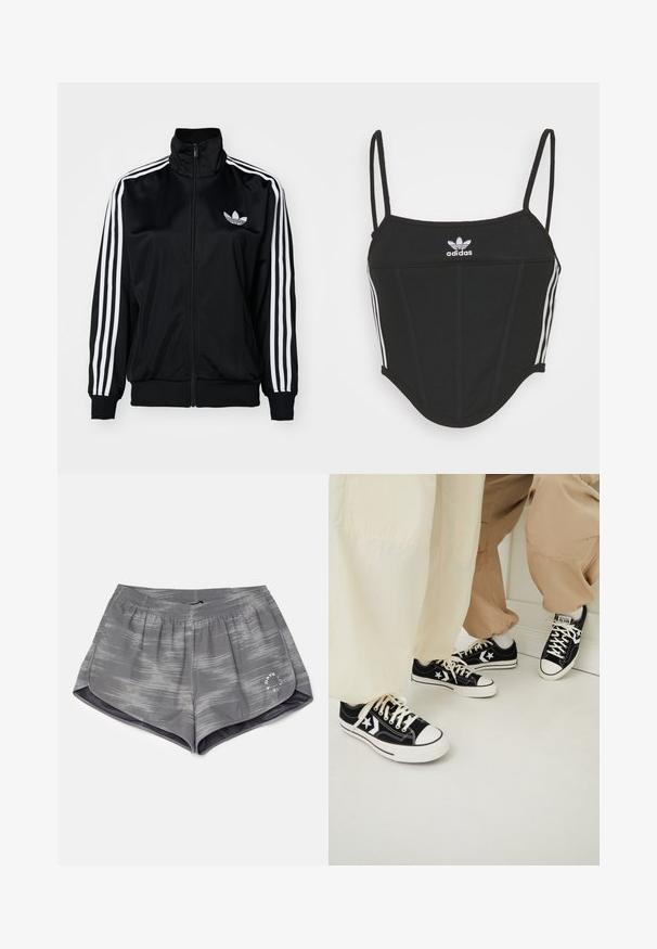 Czarna kurtka zapinana na zamek z wysokim kołnierzem, z białymi akcentami w postaci trzech pasków na rękawach i haftowanym logo na klatce piersiowej. Gładki, sportowy materiał.; Czarny prążkowany top krótki z regulowanymi cienkimi ramiączkami, z trzema białymi paskami po bokach i małym białym logo Adidas na środku.; Szare szorty sportowe z falistym wzorem, elastycznym pasem w talii i bocznymi rozcięciami dla większej elastyczności. Posiadają małe białe logo na dolnym brzegu.; Czarne trampki na canvasie z białymi gumowymi podeszwami, ozdobione białymi gwiazdami i czarnymi sznurówkami, w zestawieniu z jasnobeżowymi i kremowymi spodniami.