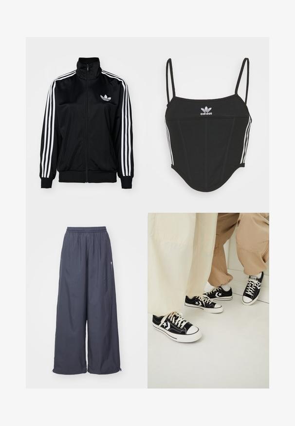Melnas jaka ar rāvējslēdzēju un augstu apkakli, kurai ir baltas trīs svītras uz piedurknēm un izšūta logo uz krūšu daļas. Gluda, sportiska auduma.; Melna ribota krūštura blūze ar regulējamām plānām siksnām, kurai sānos ir trīs baltas svītras un centrā neliela baltā Adidas logo.; Tumši pelēki platajā kājās bikses ar elastīgu jostu un sānu rāvējslēdzējiem. Viegls materiāls, gluda tekstūra, ar minimālu logotipu.; Melnas auduma sporta kedas ar baltām gumijas zolēm, kuras papildinātas ar baltām zvaigžņu akcentiem un melnu šņoru, kopā ar gaiši bežām un krēmkrāsas biksēm.