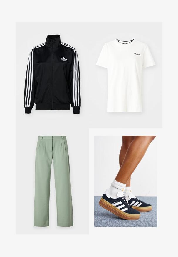 Juodas zip-up džemperis su aukštu apykakle, turintis baltus tris juostų akcentus ant rankovių ir išsiuvinėtą logotipą ant krūtinės. Lygus, sportiškas audinys.; Balta medvilnė marškinėliai su trumpomis rankovėmis ir apvalia iškirpte. Ant krūtinės yra juodas Adidas logotipas, o vidinė apykaklė yra kontrastinga juoda.; Žalios siuvinėjamos kelnės, pagamintos iš lygaus audinio. Yra tiesaus kirpimo dizainas, su raukšlėmis priekyje ir šoninėmis kišenėmis.; Juodi zomšiniai sportbačiai su baltais dryžiais ir akcentais, apvalios nosies, guminio, gumos pado, derinami su baltais raitytais vidutinio ilgio kojinaitėmis.