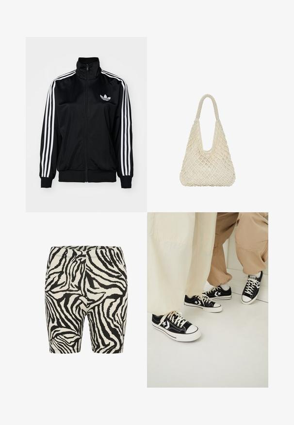 Zwarte jack met rits en hoge kraag, met witte drie-streep accenten op de mouwen en geborduurd logo op de borst. Gladde, sportieve stof.; Witte sporttanktop met een nauwsluitend ontwerp, uitsnijdingen aan de zijkanten en een zwart geborduurd logo. Gemaakt van rekbaar, soepel materiaal.; Zwart-wit zebra print korte leggings met een gladde textuur, elastische tailleband en een slim fit ontwerp, geschikt voor casual draag of sport.; Zwarte canvas sneakers met witte rubberen zolen, voorzien van witte steraccenten en zwarte veters, gedragen met lichtbeige en crèmekleurige broeken.; Crème-kleurige geweven handtas met een ruitpatroon, zachte textuur en een lusvormige handgreep, met een slappe hobo-vorm.
