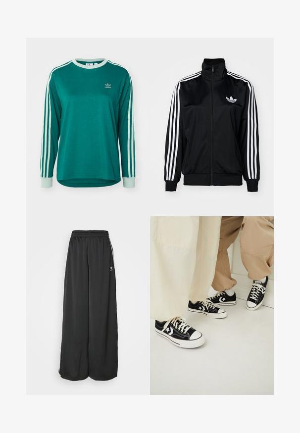 Svart zip-up jakke med høy krage, med hvite tre-striper på ermene og brodert logo på brystet. Glatt, sporty stoff.; Grønn langermet t-skjorte laget av bomull, med hvite tre-stripes detaljer på ermene og en liten adidas-logo på brystet.; Svarte, løstsittende joggebukser laget av glatt stoff. Har elastisk midje og sidestriper med logo-aksenter.; Sorte lerretssko med hvite gummisåler, som har hvite stjerneakenter og svarte snører, kombinert med lyse beige og kremfargede bukser.