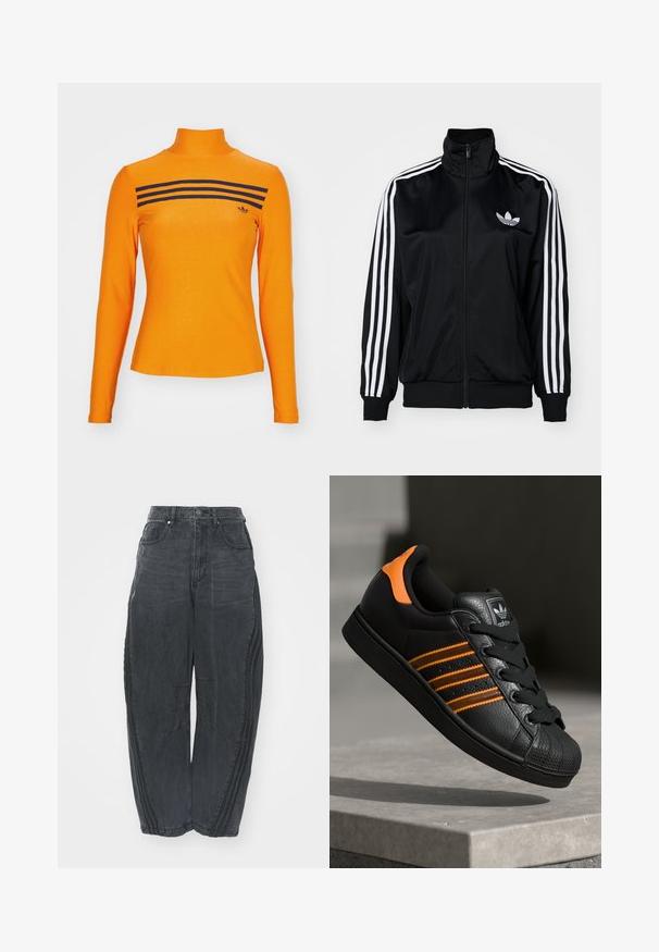 Svart zip-up jakke med høy krage, med hvite tre-striper på ermene og brodert logo på brystet. Glatt, sporty stoff.; adidas Originals LS 3S  - Topper langermet - unity orange; Baggy svarte denimjeans med en falmet finish, fem lommer, belteknapplukking og sømdetaljer på forsiden og sidene.; Svart sneaker med oransje detaljer, tre horisontale striper, teksturert skinnoverdel, gummitå, og svarte lisser.