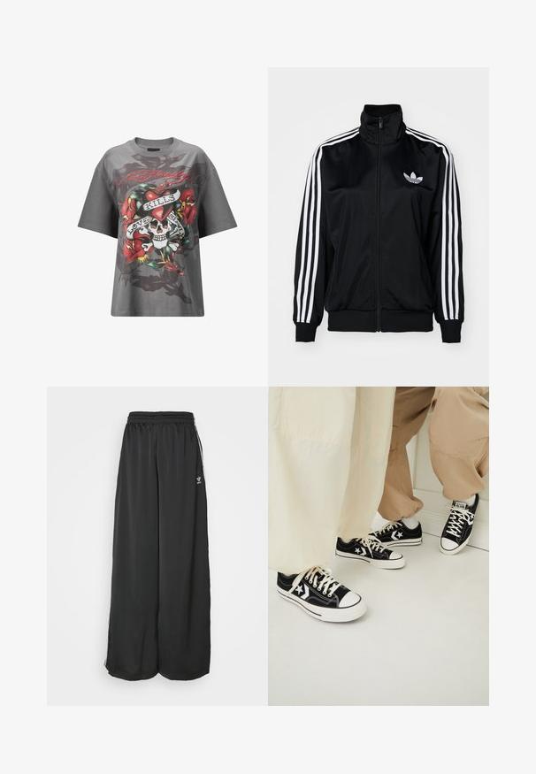 Czarna kurtka zapinana na zamek z wysokim kołnierzem, z białymi akcentami w postaci trzech pasków na rękawach i haftowanym logo na klatce piersiowej. Gładki, sportowy materiał.; Szara bawełniana koszulka z dużym nadrukiem czaszki z różami oraz napisem "LOVE KILLS" z przodu. Szeroki, luźny krój.; Czarne, luźne spodnie dresowe wykonane z gładkiego materiału. Posiadają elastyczny pas i boczne paski z akcentami logo.; Czarne trampki na canvasie z białymi gumowymi podeszwami, ozdobione białymi gwiazdami i czarnymi sznurówkami, w zestawieniu z jasnobeżowymi i kremowymi spodniami.