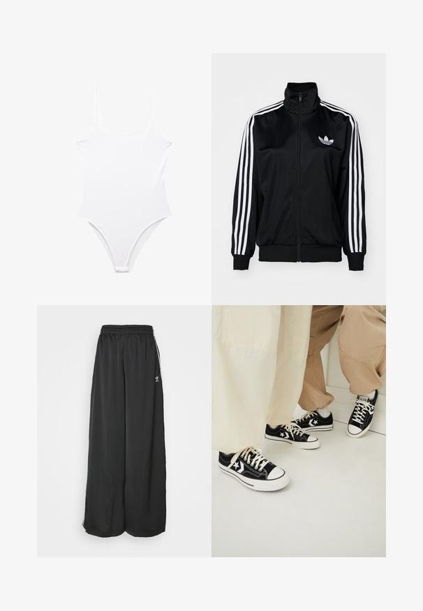 Crna zip-up jakna s visokim ovratnikom, sa bijelim trostrukim prugama na rukavima i izvezenim logom na prsima. Glatki, sportski materijal.; Bijeli jednodijelni kupaći kostim s visokim izrezom na nogama, tankim naramenicama i glatkim, rastezljivim materijalom. Minimalistički dizajn, bez uzoraka ili akcenta.; Crne slobodne trening hlače izrađene od glatkog materijala. Imaju elastičnu taliju i bočne pruge s logotipom.; Crne platnene tenisice s bijelim gumenim potplatima, s bijelim zvjezdicama i crnim vezicama, u kombinaciji sa svijetlosmešatnim i krem hlačama.