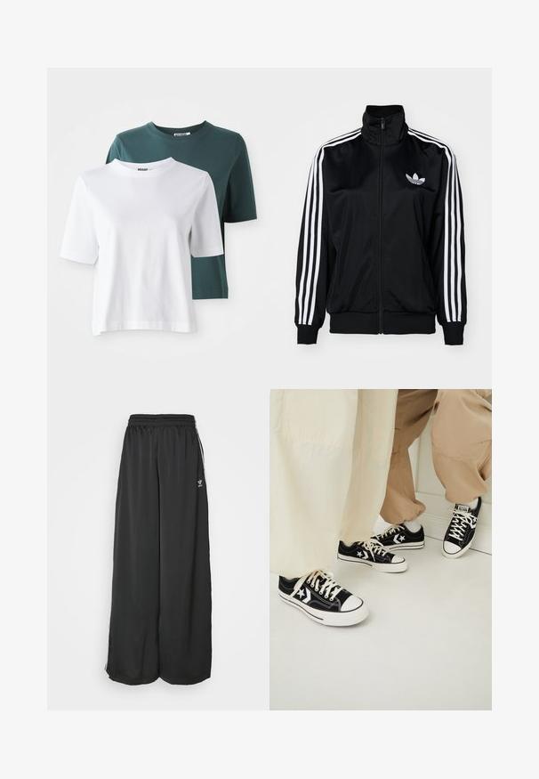 Juodas zip-up džemperis su aukštu apykakle, turintis baltus tris juostų akcentus ant rankovių ir išsiuvinėtą logotipą ant krūtinės. Lygus, sportiškas audinys.; Du kelnės trumpomis rankovėmis: viena balta, o kita tamsiai žalia. Abi turi apvalų kaklą ir švelnią medvilnės tekstūrą. Prekės ženklas matomas ant kaklo.; Juoda laisva kelnės sportui, pagamintos iš lygios medžiagos. Turi elastinį juosmenį ir šonines juosteles su logotipo akcentais.; Juodos drobės sportbačiai su baltais guminių padų, kurie turi baltas žvaigždutes ir juodas raišteles, derinami su šviesių smėlio ir kreminės spalvos kelnėmis.