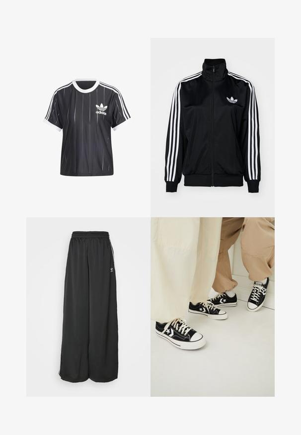 Svart zip-up jacka med hög krage, med vita tre-stripes detaljer på ärmarna och broderad logotyp på bröstet. Slät, sportig tyg.; adidas Originals 3 S TEE - T-shirt med print - black; Svarta lösa träningsbyxor i mjukt tyg. Har en elastisk midja och sidoflikar med logodetaljer.; Svarta canvas sneakers med vita gummikläder, med vita stjärndetaljer och svarta skosnören, i kombination med ljusbeige och krämfärgade byxor.