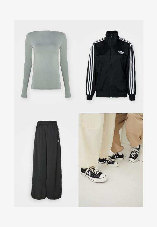 Melnas jaka ar rāvējslēdzēju un augstu apkakli, kurai ir baltas trīs svītras uz piedurknēm un izšūta logo uz krūšu daļas. Gluda, sportiska auduma.; Gara piedurkņu blūze gaismas pelēkā krāsā, izgatavota no elastīga materiāla. Tai ir laivas formas kakla izgriezums un pieguļošs siluets bez redzamām iezīmēm vai metāla elementiem.; Melni brīvi pieguļoši sporta bikses, kas izgatavotas no maigas auduma. Iespējas ietver elastīgu jostasvietu un sānu svītras ar logo akcentiem.; Melnas auduma sporta kedas ar baltām gumijas zolēm, kuras papildinātas ar baltām zvaigžņu akcentiem un melnu šņoru, kopā ar gaiši bežām un krēmkrāsas biksēm.
