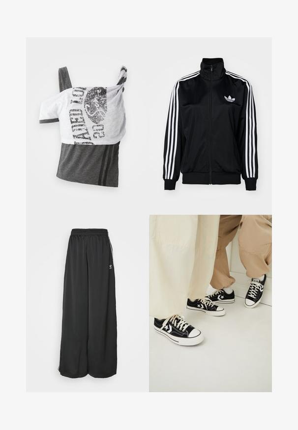 Black zip-up jacket with high collar, featuring white three-stripe accents on sleeves and embroidered logo on chest. Smooth, sporty fabric.; Gray and white tank top featuring a graphic print, asymmetrical design, soft fabric, and thin straps. Two horizontal stripes on the gray section.; Black loose-fitting track pants made of smooth fabric. Features an elastic waistband and side stripes with logo accents.; Black canvas sneakers with white rubber soles, featuring white star accents and black shoelaces, paired with light beige and cream pants.
