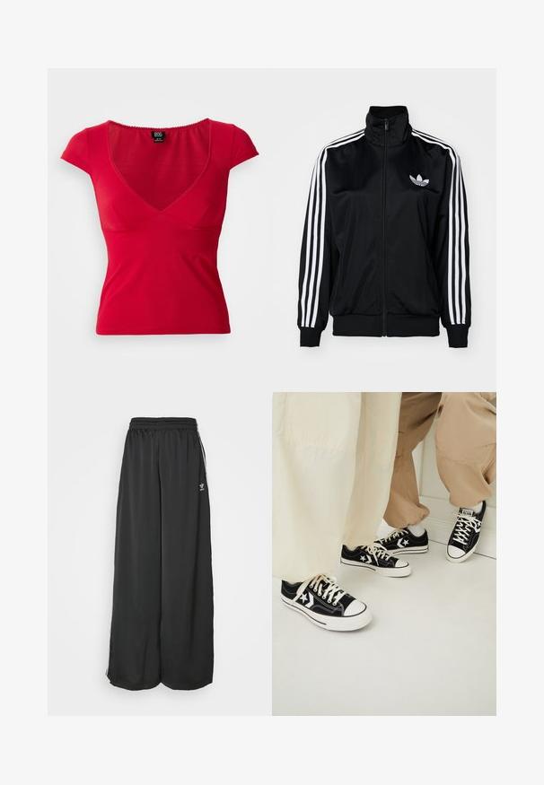 Musta vetoketjullinen takki korkealla kauluksella, jossa valkoiset kolmilinjaiset yksityiskohdat hihoissa ja brodeerattu logo rinnassa. Sujuva, urheilullinen kangas.; Punainen, kapea naisten lyhythihainen paita, jossa on syvä V-pääntie ja lievä rypytys rinnan alla, yksinkertaisella taustalla.; Musta löysästi istuva urheiluhaalari, joka on valmistettu sileästä kankaasta. Sisältää joustavan vyötärön ja sivuilla nauhoja, joissa on logo-yksityiskohtia.; Mustat kangaskengät valkoisilla kumipohjilla, joissa on valkoisia tähkäytteisiä yksityiskohtia ja mustat kengännauhat, yhdistettynä vaaleanbeigeihin ja kermanvärisiin housuihin.