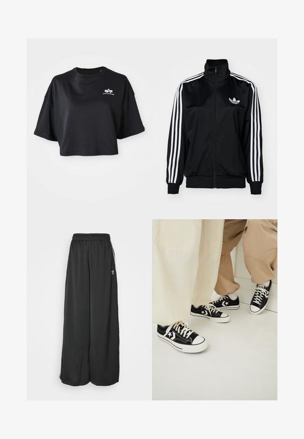 Black zip-up jacket with high collar, featuring white three-stripe accents on sleeves and embroidered logo on chest. Smooth, sporty fabric.; Black cropped t-shirt made of cotton, featuring a round neckline, short sleeves, and a white logo on the chest. Smooth texture.; Black loose-fitting track pants made of smooth fabric. Features an elastic waistband and side stripes with logo accents.; Black canvas sneakers with white rubber soles, featuring white star accents and black shoelaces, paired with light beige and cream pants.