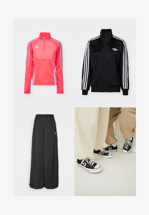 Giacca nera con zip e collo alto, caratterizzata da bande bianche a tre strisce sulle maniche e logo ricamato sul petto. Tessuto liscio e sportivo.; Maglione atletico rosa con colletto alto, collo zip e strisce laterali grigie. Presenta cuciture strutturate e un design aderente.; Pantaloni da jogging neri, morbidi e larghi, realizzati in tessuto liscio. Presentano una vita elasticizzata e strisce laterali con accenti di logo.; Sneaker nere in tela con suole bianche in gomma, con dettagli a forma di stella bianchi e lacci neri, abbinate a pantaloni beige chiaro e crema.