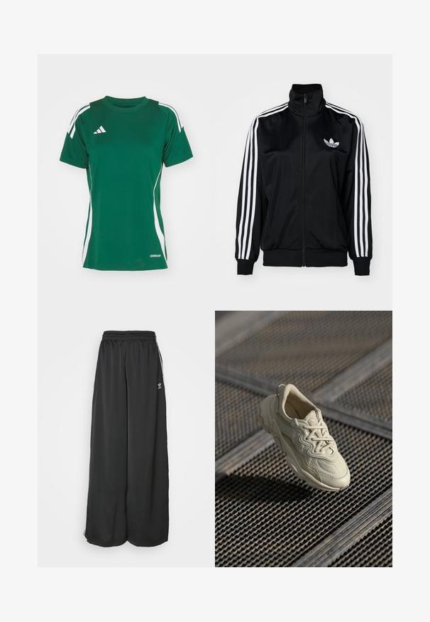 Fekete, zipzáras dzseki magas gallérral, fehér háromcsíkos díszítéssel az ujjakon és hímzett logóval a mellrészen. Simább, sportos anyag.; Zöld sportpóló, nedvességelnyelő anyagból, fehér oldalcsíkkal, kerek nyakkal és az Adidas logójával a bal felső részen.; Fekete, laza szabású edzőnadrág, sima anyagból készült. Jellemzője a rugalmas derékrész és az oldalsó csíkok, logóval díszítve.; Beige sneakerek textúrázott anyagból, sima kontrasztos részletekkel, kerek talppal és fűzőkkel, egy rácsozott felület fölött lebegve.