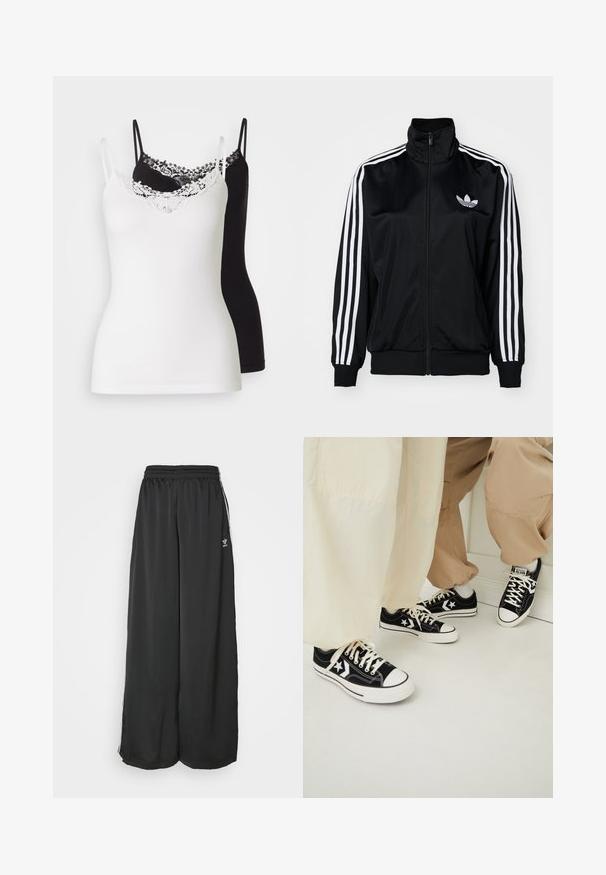 Schwarze Zip-Jacke mit hohem Kragen, ausgestattet mit weißen Drei-Streifen-Akzenten an den Ärmeln und gesticktem Logo auf der Brust. Glattes, sportliches Material.; Zwei Top-Tops, eines weiß und eines schwarz, mit verstellbaren Trägern. Das weiße Top hat einen Spitzebesatz am Ausschnitt. Glatte Textur.; Schwarze, locker sitzende Jogginghosen aus glattem Material. Mit elastischem Bund und seitlichen Streifen mit Logo-Akzenten.; Schwarze Segeltuch-Sneaker mit weißen Gummisohlen, verziert mit weißen Sternakzenten und schwarzen Schnürsenkeln, kombiniert mit hellbeigen und cremefarbenen Hosen.
