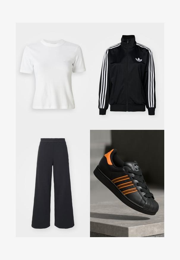 Zwarte jack met rits en hoge kraag, met witte drie-streep accenten op de mouwen en geborduurd logo op de borst. Gladde, sportieve stof.; Witte gestreepte t-shirt met korte mouwen, een ronde halslijn en een klein logo op de borst. Gemaakt van zachte stof met een getailleerd ontwerp.; Zwarte wijde sweatpants gemaakt van zachte stof, met een elastische tailleband en een klein logo aan de linkerkant.; Zwarte sneaker met oranje accenten, drie horizontale strepen, bovenwerk van textuurlak, rubberen neuzen en zwarte veters.