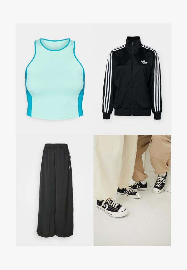 Melnas jaka ar rāvējslēdzēju un augstu apkakli, kurai ir baltas trīs svītras uz piedurknēm un izšūta logo uz krūšu daļas. Gluda, sportiska auduma.; Fitted sporta tīkls gaiši akvamarīna krāsā ar tumšākiem akvamarīna sānu paneļiem. Izgatavots no elastīga auduma ar gludu tekstūru un apaļu kakla izgriezumu.; Melni brīvi pieguļoši sporta bikses, kas izgatavotas no maigas auduma. Iespējas ietver elastīgu jostasvietu un sānu svītras ar logo akcentiem.; Melnas auduma sporta kedas ar baltām gumijas zolēm, kuras papildinātas ar baltām zvaigžņu akcentiem un melnu šņoru, kopā ar gaiši bežām un krēmkrāsas biksēm.