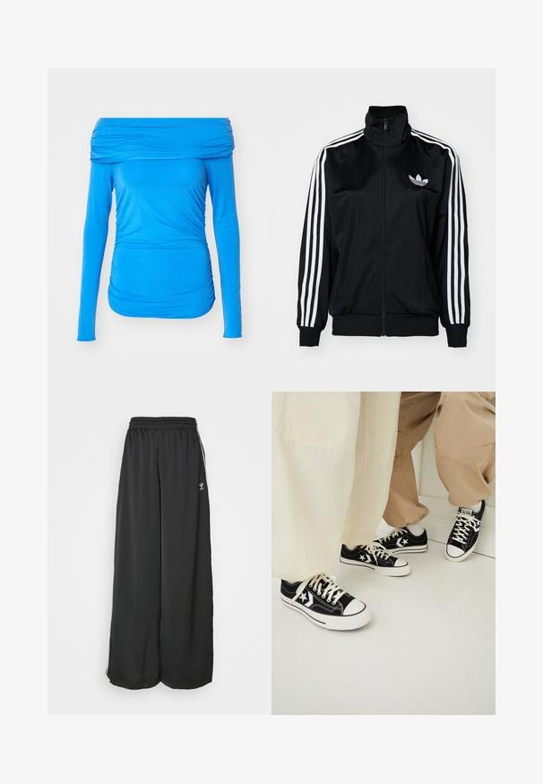 Melnas jaka ar rāvējslēdzēju un augstu apkakli, kurai ir baltas trīs svītras uz piedurknēm un izšūta logo uz krūšu daļas. Gluda, sportiska auduma.; Zila off-the-shoulder garā piedurkņu blūze, izgatavota no elastīga auduma, ar drapējuma detaļām sānos, lai radītu pieguļošu izskatu.; Melni brīvi pieguļoši sporta bikses, kas izgatavotas no maigas auduma. Iespējas ietver elastīgu jostasvietu un sānu svītras ar logo akcentiem.; Melnas auduma sporta kedas ar baltām gumijas zolēm, kuras papildinātas ar baltām zvaigžņu akcentiem un melnu šņoru, kopā ar gaiši bežām un krēmkrāsas biksēm.