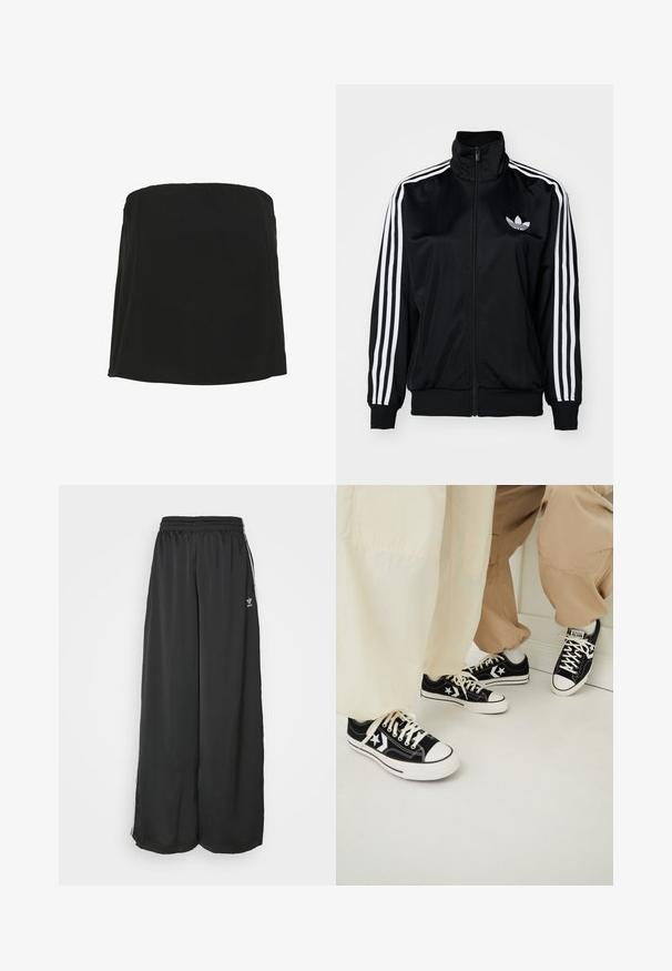 Schwarze Zip-Jacke mit hohem Kragen, ausgestattet mit weißen Drei-Streifen-Akzenten an den Ärmeln und gesticktem Logo auf der Brust. Glattes, sportliches Material.; Schwarzes, trägerloses Oberteil aus glattem Stoff mit geradem Ausschnitt und fließender Silhouette. Minimalistisches Design, keine zusätzlichen Muster oder Verzierungen.; Schwarze, locker sitzende Jogginghosen aus glattem Material. Mit elastischem Bund und seitlichen Streifen mit Logo-Akzenten.; Schwarze Segeltuch-Sneaker mit weißen Gummisohlen, verziert mit weißen Sternakzenten und schwarzen Schnürsenkeln, kombiniert mit hellbeigen und cremefarbenen Hosen.