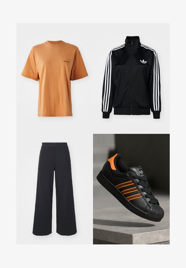 Črna zip-up jakna z visokim ovratnikom, ki ima bele tri črte na rokavih in izšiteno logo na prsih. Gladek, športen material.; Majica s kratkimi rokavi in okroglim izrezom v zamolčani oranžni barvi iz bombaža, z majhnim vezenim logotipom v temno rdeči barvi na levi prsni strani.; Črne široke trenirke iz mehkega blaga, z elastičnim pasom in majhnim logotipom na levi strani.; Črne športne copate z oranžnimi akcenti, tremi vodoravnimi črtami, zgornjim delom iz teksturirane usnjene tkanine, gumijastim zaščitnim pokrovom za prste in črnimi vezalkami.