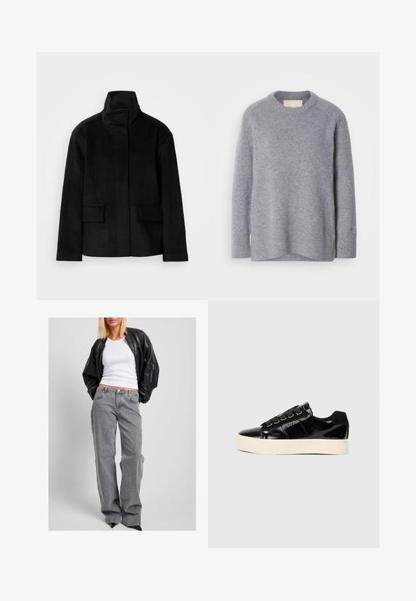 Chaqueta negra de cuello alto con una textura suave, que cuenta con dos bolsillos frontales y un diseño estructurado, fabricada con un tejido cálido y suave.; Suéter de manga larga y cuello redondo en gris claro, con puños y dobladillo acanalados, confeccionado en suave tejido de punto.; Chaqueta bomber de cuero negro, top de tirantes blanco con canalé y jeans de mezclilla gris de tiro alto con un corte holgado, costuras sutiles y bolsillos acentuados.; Zapatillas de charol negro con suela plana color crema. Presentan cordones negros, ojales dorados y detalle del logo en el lateral. Diseño de punta redonda.