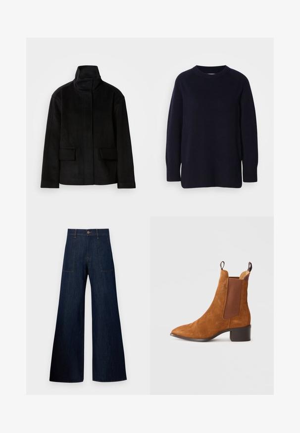 Fekete magas nyakú dzseki sima textúrával, két elülső zsebbel és struktúrált dizájnnal, meleg, puha anyagból készült.; Sötét tengerészkék, crewneck nyakú, hosszú ujjú pulóver puha, kötött textúrával és bordázott mandzsettákkal és aljjal, világosszürke háttér előtt.; Sötétkék, bő szárú farmernadrág, két elülső zsebbel, látható varrással és gombos derékzárral.; Barna velúr boka csizma hegyes orral, rugalmas oldalsó panelekkel és alacsony blokk sarkal. Könnyű felhúzást segítő fülekkel rendelkezik.