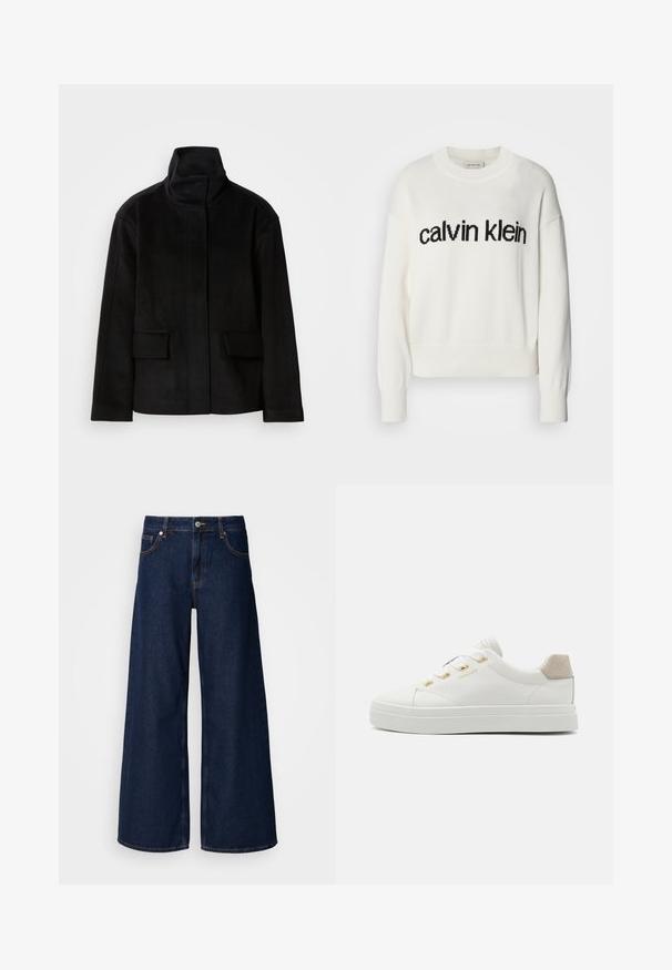 Melna augsta apkakle jaka ar gludu tekstūru, divām priekšējām kabatām un strukturētu dizainu, izgatavota no siltas, mīkstas auduma.; Balts adīts džemperis ar apaļo kakla izgriezumu un garām piedurknēm, kam pāri krūtīm ir melns "calvin klein" logos. Mīksta tekstūra, apgriezts griezums.; Plati kāju tumši zili džinsu bikses ar augstu jostasvietu, priekšējām kabatām un pogu aizdari. Iezīmē kontrasta šuvju apdari un gludu tekstūru.; Baltie kedas ar ādas virsu, apaļu purngalu, zeltījuma detaļām un zamša papēža akcentu. Iezīmē plakanās šņores un teksturētu gumijas zoli.