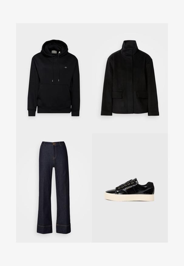 Fekete magas nyakú dzseki sima textúrával, két elülső zsebbel és struktúrált dizájnnal, meleg, puha anyagból készült.; Fekete kapucnis pulóver elülső zsebbe, húzózsinórral és puha anyagból készült. A mellkason egy kis hímzett logó található, valamint bordás mandzsetta jellemzi.; Sötét farmer széles lábú nadrág magas derékkal, elülső gombzárral és narancs varrású díszítéssel. Simává tengej átfogás.; Fekete patkó bőr sportcipők lapos krém színű talppal. Fekete fűzőkkel, arany szemekkel és logó részlet az oldalon. Lekerekített orrformával.