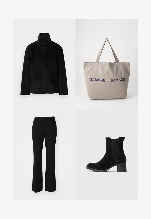 Čierna bunda s vysokým golierom a hladkou textúrou, obsahujúca dve predné vrecká a štruktúrovaný dizajn, vyrobená z teplého, mäkkého materiálu.; Tmavomodrá košeľa s dlhým rukávom z bavlny, s špicatým golierom, bielymi gombíkmi a jemným logom na hrudi. Hladká textúra.; Čierne skrátené nohavice s rozšíreným strihom. Vyrobené z hladkej látky s prednými skladmi a plochým pásom. Žiadne viditeľné vrecká.; Čierne semišové členkové čižmy s elastickými bočnými panelmi, okrúhlou špičkou a blokovým podpätkom. Vyznačujú sa hladkou textúrou a jemným prešívaním.; Šedá plátenná taška s dvoma námorníckymi logami "SAMSOE", dvoma predĺženými látkovými rukoväťami a mäkkou štruktúrou. Ideálna na každodenné použitie.