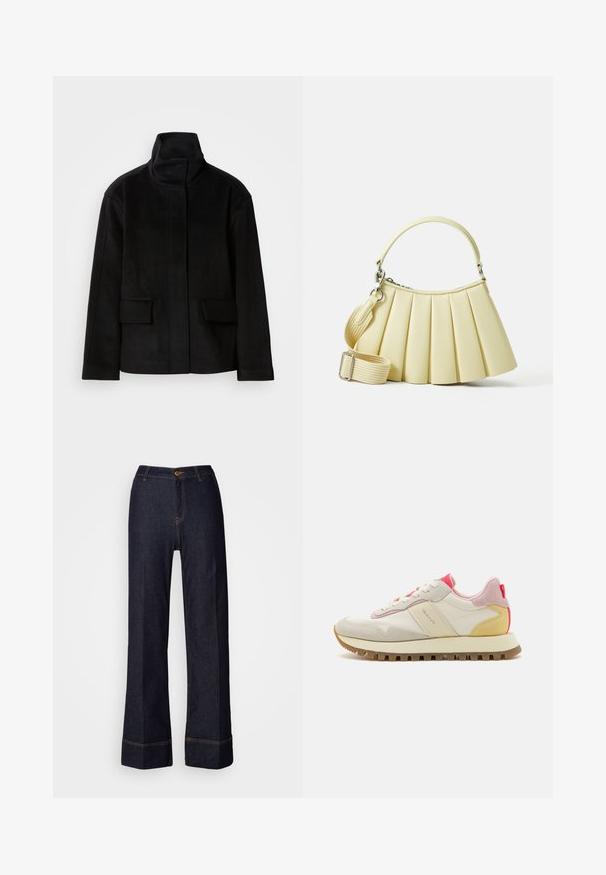 Veste noire à col montant avec une texture lisse, dotée de deux poches avant et d'un design structuré, confectionnée dans un tissu chaud et doux.; Chemise brune à boutons en tissu coton, dotée de manches longues, d'une poche poitrine, de boutons blancs et d'un col classique.; Pantalons large en denim foncé à taille haute, avec une fermeture à bouton sur le devant et des accents de couture orange. Texture lisse sur l'ensemble.; Baskets avec une tige en cuir crème, des accents en daim rose et un talon jaune, dotées d'une semelle en caoutchouc à motif et de lacets blancs.; Sac à main plissé en matériau jaune doux avec une poignée courbée. Dispose d'une sangle amovible et réglable, et présente une texture lisse avec un minimum de quincaillerie.