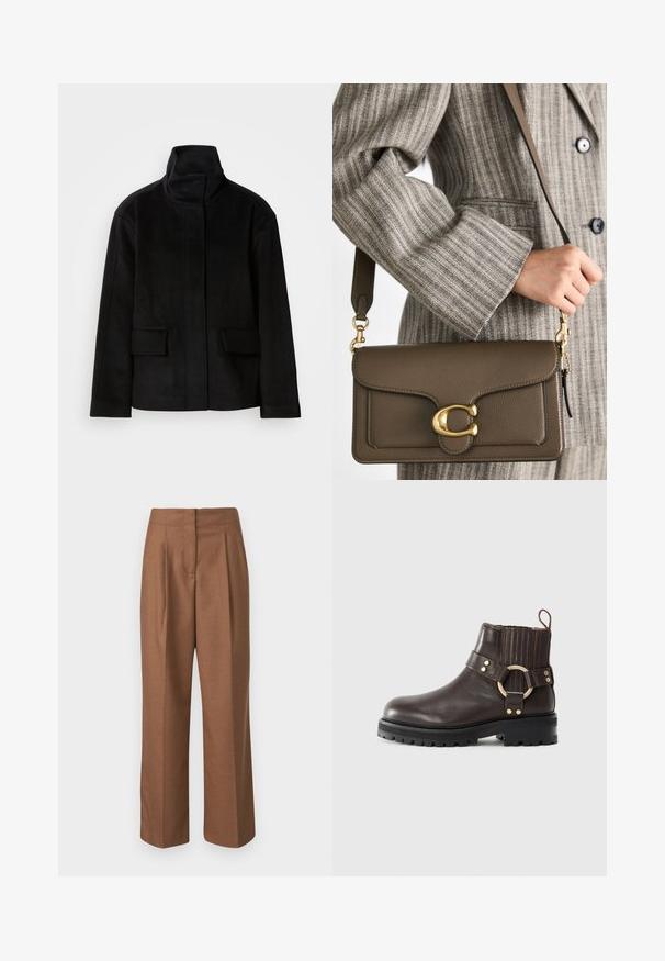 Schwarze Jacke mit hohem Kragen und glatter Textur, ausgestattet mit zwei Fronttaschen und einem strukturierten Design, gefertigt aus einem warmen, weichen Stoff.; Braune, knöpfbare Hemd aus Baumwollstoff mit langen Ärmeln, einer Brusttasche, weißen Knöpfen und einem klassischen Kragen. ; Braune maßgeschneiderte Hosen mit hoher Taille, weit geschnittenen Beinen, vorderen Falten und glatter Textur. Keine sichtbaren Taschen oder Verzierungen.; Braune Leder-Ankle-Boots mit elastischen Seitenpaneelen, goldfarbenem Ringakzent und robuster schwarzer Sohle. Verfügt über eine Brogue-Verzierung im oberen Bereich.; COACH TABBY SHOULDER BAG 26 - Handtasche - dark stone