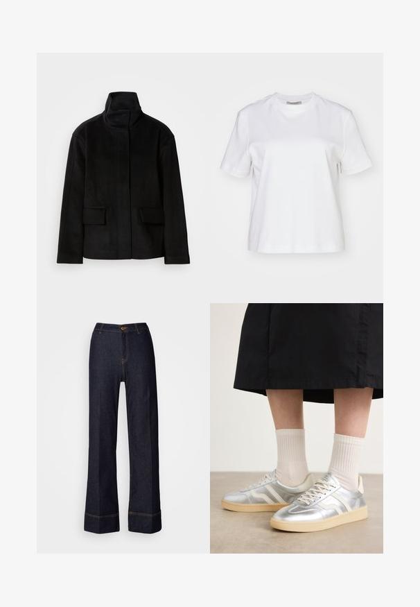 Černá bunda s vysokým límcem, hladkým povrchem a strukturálním designem, která má dvě přední kapsy a je vyrobena z teplé, měkké tkaniny.; AllSaints LISA - Jednoduché tričko - white; Tmavě modré široké nohavice s vysokým pasem, s předním zapínáním na knoflík a oranžovými akcenty šití. Hladká textura po celém povrchu.; Stříbrné syntetické tenisky s bílými pruhy, krémovou podrážkou a texturovaným povrchem; spárovány se světlými vzorovanými ponožkami a černou sukní.