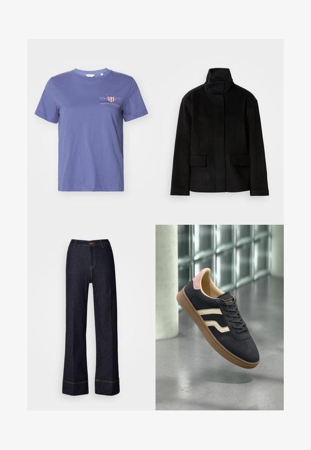 Melna augsta apkakle jaka ar gludu tekstūru, divām priekšējām kabatām un strukturētu dizainu, izgatavota no siltas, mīkstas auduma.; Violeta kokvilnas t-krekls ar īsām piedurknēm, apaļu apkakli un priekšējo grafiku, kurā redzams "GANT" un "AMERICAN SPORTSWEAR" sarkanā un baltā krāsā.; Tumši denima plati/gari bikses ar augsto jostas vietu, ar priekšējo pogu aizdari un oranžiem šuvju akcentiem. Vienmērīga tekstūra visā biksē.; Jūras spēku zili ādas sporta apavi ar krēmkrāsas svītrām, rozā akcentiem uz papēža un teksturētu brūnu gumijas zolīti. Klasisks zemas virsotnes dizains.