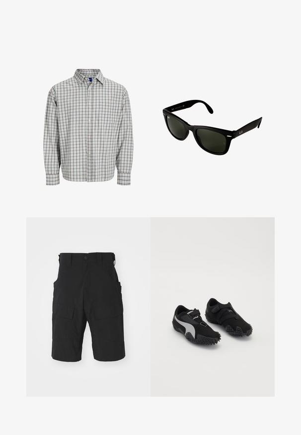 Polo Ralph Lauren MOTO JACKET - Nahkjakk - tennis green; Pikkade varrukatega nööbitav särk, millel on helesinine ja pruun ruuduline muster, rinna tasku ja ümar krae. Puuvilla segu materjal.; Roheline popliinskorsett, mis on valmistatud puuvillast, sisaldab punaseid ja kollaseid tikandeid, sealhulgas Briti lippu ja esiküljel "RL Racing" teksti.; Mustad mustad lühikesed püksid, mis on valmistatud kerge kangaga, millel on mitmed taskud, nupuga sulgemine ja lõdvenenud istuvus, mille pikkus ulatub põlvedeni.; Mustad mustadussid tekstuursete talladega, sleek siluett ja halli aksentdisain; varustatud kindla kinnitusrihmaga ja paeltega sulgemisega.; Mustad must plastikust päikeseprillid tumeroheliste läätsedega. Ruudukujuline raam koos hõbedaste aksessuaaridega ja reljeefne logo kõrvaplokkidel.