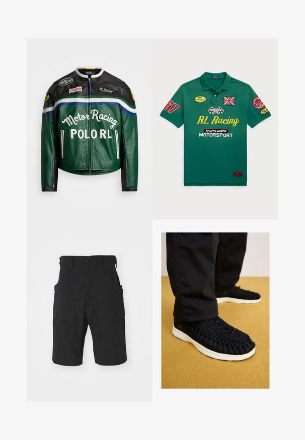 Polo Ralph Lauren MOTO JACKET - Nahkjakk - tennis green; Roheline popliinskorsett, mis on valmistatud puuvillast, sisaldab punaseid ja kollaseid tikandeid, sealhulgas Briti lippu ja esiküljel "RL Racing" teksti.; Mustad mustad lühikesed püksid, mis on valmistatud kerge kangaga, millel on mitmed taskud, nupuga sulgemine ja lõdvenenud istuvus, mille pikkus ulatub põlvedeni.; Mustad mustikud punase kanga ülemise osaga, ümar ninaga ja valge tallaga. Ülal asuv seotud süsteem ja detailne tekstuur kogu keha ulatuses.