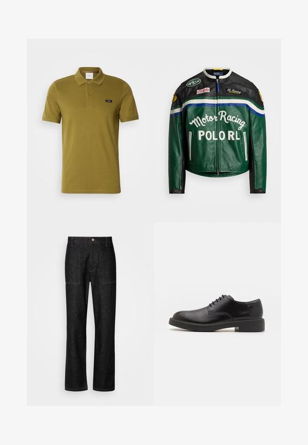 Polo Ralph Lauren MOTO JACKET - Kožená bunda - tennis green; Olivově zelené polo tričko vyrobené z měkké bavlny. Má klasický límeček, dva knoflíky a malé logo značky na levé hrudi. Krátké rukávy.; Černé džínové kalhoty se rovnými nohavicemi, viditelným šitím a předním knoflíkovým uzávěrem. Obsahují dvě boční kapsy a dvě zadní kapsy.; Černé kožené šněrovací boty s kulatou špičkou, hladkým povrchem, minimálním prošíváním a nízkým gumovým podpatkem. Logo na patě.