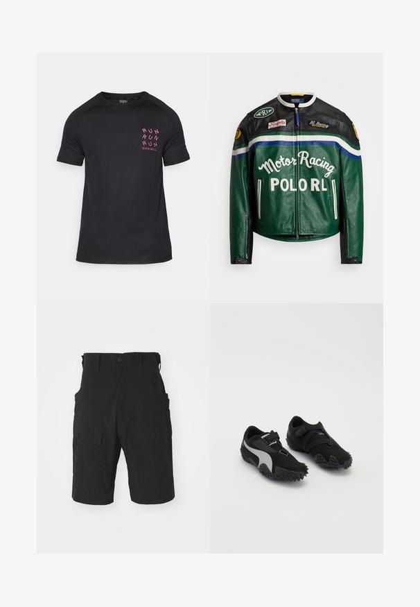 Polo Ralph Lauren MOTO JACKET - Kožená bunda - tennis green; Čierne športové tričko s krátkymi rukávmi, okrúhlym výstrihom a ružovým nápisom "RUN RUN RUN" na ľavej hrudi. Hladká, ľahká tkanina.; Čierne cargo šortky vyrobené z ľahkého materiálu s viacerými vreckami, s gombíkovým zapínaním a vo voľnom strihu s dĺžkou po kolená.; Čierne športové topánky s textúrovanou podrážkou, štíhlym siluetou a šedým akcentom; obsahujú bezpečnostný popruh na suchý zips a šnúrkovú súpravu.