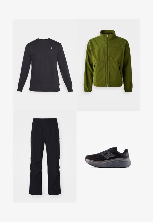 Oliven grøn North Face jakke med fuld front lynlås, høj krave, elastiske manchetter og to frontzip-lommer.; Sort crewneck sweatshirt lavet af blødt stof, med lange ærmer og ribbede manchetter. Lille logo i hvid på brystet.; Sorte cargo bukser lavet af let materiale, med elastisk talje, sidelommer og lige ben design.; Sort atletisk sko med en tekstureret overdel, forstærket hæl og en tyk grå sål. Har et fremtrædende "N" logo.