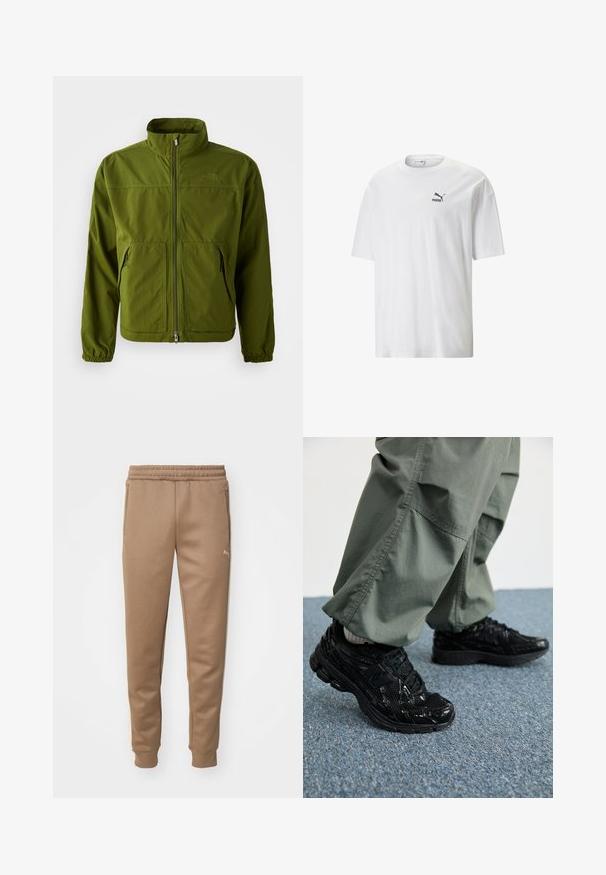 Olíva zöld North Face dzseki, teljes hosszúságú cipzárral, magas gallérral, elasztikus mandzsettákkal és két elülső cipzáras zsebbel.; Fehér pamut póló kerek nyakkivágással és rövid ujjakkal. Bal mellrészen egy kis fekete Puma logóval. Sima textúra, laza fazon.; Barna melegítőnadrág rugalmas derékpánttal, oldalsó zsebekkel és bordás mandzsettával. Puha anyag, diszkrét logó részlettel a felső lábszáron.; Fekete sportcipők fényes és hálós textúrával, vastag talppal és fűzővel, laza olívazöld cargo nadrággal párosítva.