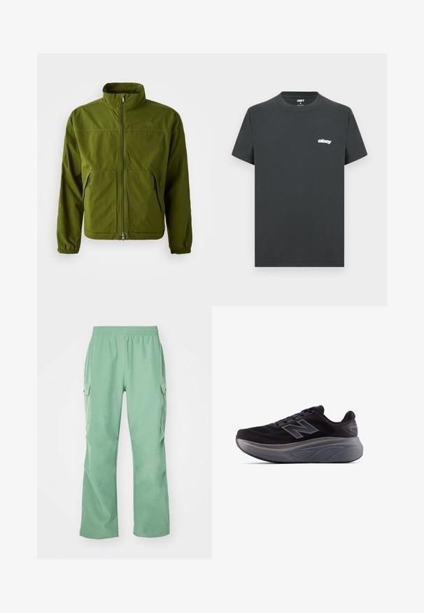 Olíva zöld North Face dzseki, teljes hosszúságú cipzárral, magas gallérral, elasztikus mandzsettákkal és két elülső cipzáras zsebbel.; Fekete pamut póló rövid ujjakkal, kerek nyakkal, és fehér "obey" logóval a bal mellrészen. Sima textúra, normál szabású kialakítás.; Világos zöld cargo nadrág, elasztikus derékkal, sima anyagból készült, két oldalsó zsebbel és egyenes szabású lábakkal.; Fekete sportcipő texturált felsőrésszel, megerősített sarkal és vastag szürke talppal. Kiemelkedő "N" logóval rendelkezik.
