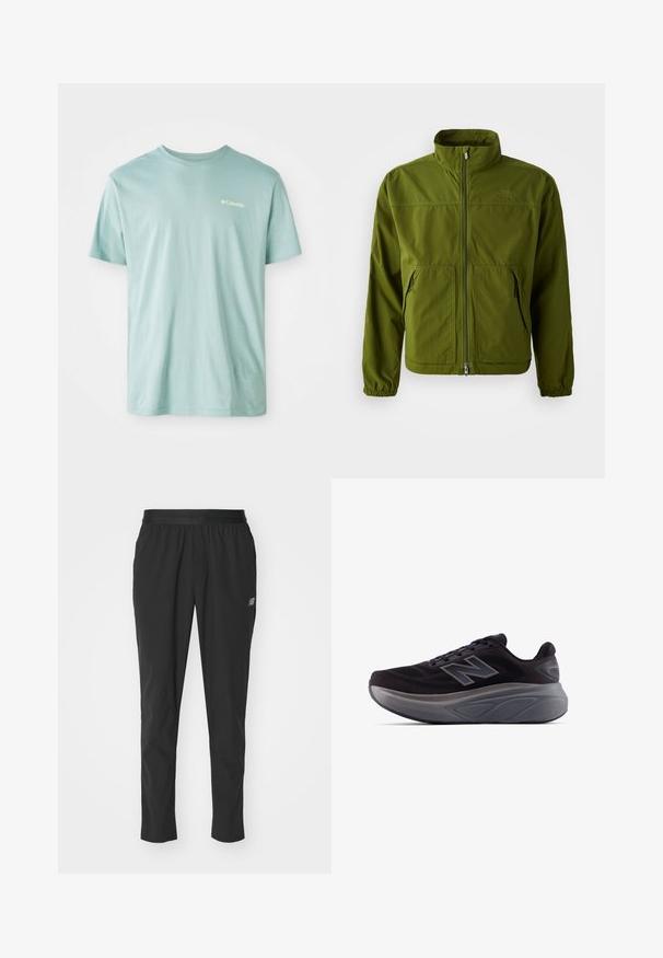 Oliivinvihreä North Face -takki, jossa on koko etuvetoketju, korkea kaulus, joustavat hihansuuret ja kaksi etupuolella olevaa vetoketjullista taskua.; Vaaleansininen puuvillapaita, jossa on lyhyet hihat, pyöreä pääntie ja pieni valkoinen logo rinnassa. Pehmeä rakenne, rento istuvuus.; Musta urheiluhousut, jotka on valmistettu kevyestä materiaalista, joustavalla vyötärönauhalla, kapenevalla muotoilulla ja hillityllä logolla sivussa.; Mustat urheilukengät, joissa on teksturoitu pinta, vahvistettu kanta ja paksu harmaa pohja. Ominaisuutena hyvin näkyvä "N"-logo.