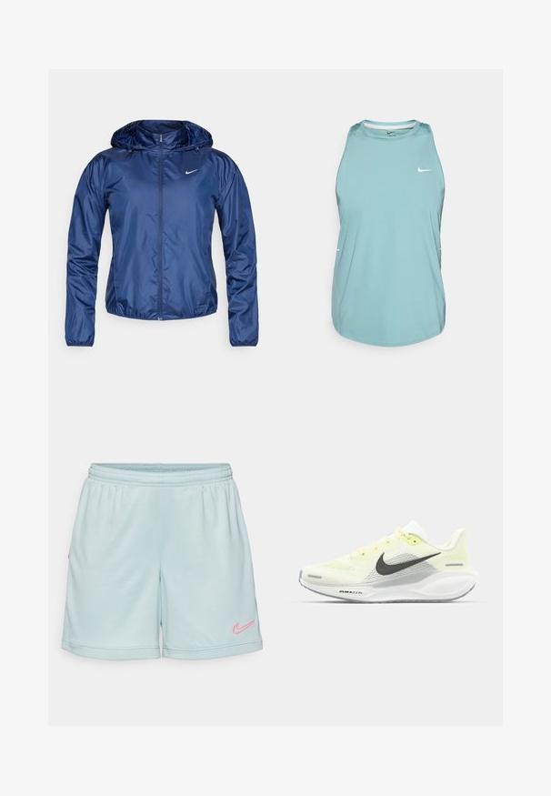 Chaqueta impermeable azul marino con capucha, cierre de cremallera, puños elásticos y un pequeño logo blanco en el pecho. Textura suave y brillante.; Camiseta sin mangas de atletismo de color azul claro, fabricada en material sintético suave. Presenta un escote redondo y un pequeño logotipo blanco en la parte frontal.; Pantalones cortos deportivos de color azul claro con cintura elástica, que presentan un logotipo de Nike en color rosa en el lateral y una textura de malla en el dobladillo.; Zapatillas de correr Nike con una parte superior de malla en amarillo claro y blanco, detalles en gris y una suela de goma flexible. Cuenta con un cierre de cordones.