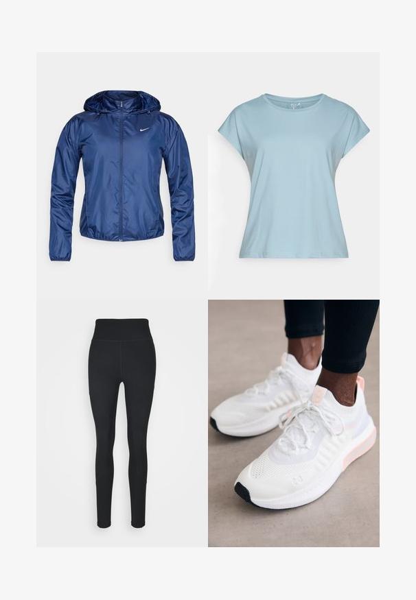 Veste imperméable bleu marine avec capuche, fermeture éclair, poignets élastiques et un petit logo blanc sur la poitrine. Texture lisse et brillante.; T-shirt à manches courtes bleu clair fabriqué en tissu doux. Il présente un col rond, une coupe décontractée et des ourlets cousus. Aucun motif ni embellissement.; Leggings noirs en tissu extensible, dotés d'une taille haute, de panneaux côtelés sur les côtés et d'une coupe ajustée se resserrant aux chevilles.; Under Armour PHANTOM 4 - Baskets basses - white