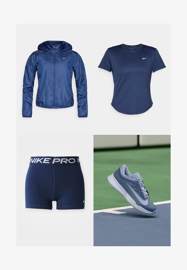 Laivansinis vedenkestävä takki hupulla, vetoketjullinen, joustavat hihansuut ja pieni valkoinen logo rinnassa. Sileä, kiiltävä pinta.; Meriinisininen urheilupaita lyhyillä hihoilla, pyöreällä kaula-aukolla ja Nike-logolla rintamalla. Valmistettu sileästä, kevyestä kankaasta.; Tummansininen urheilushortsit, joissa on leveä elastinen vyötärö, jossa lukee "NIKE PRO" valkoisella. Suora pinta, litteät saumat ja erottuva logo.; Urheilukengät vaaleansinisen ja tummansinisen sävyissä, joissa on teksturoitu päällinen, litteät nauhat ja kevyt valkoinen pohja. Nostettuna kenttäpinnan ylle.