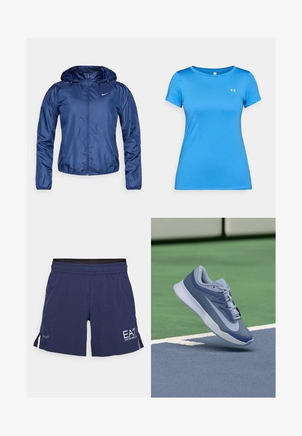 Casaco impermeável azul-marinho com capuz, fecho de zipper, punhos elásticos e um pequeno logótipo branco no peito. Textura lisa e brilhante.; Camisola atlética azul de mangas curtas com gola redonda e pequeno logótipo branco da Under Armour no peito.; Bermudas desportivas azul-marinho com um cós elástico, bolsos laterais e detalhes em branco no logotipo. Feitas de material leve e respirável.; Sapatilhas desportivas em azul claro e azul marinho, com um topo texturizado, atacadores planos e uma sola leve branca. Elevadas acima de uma superfície de campo.