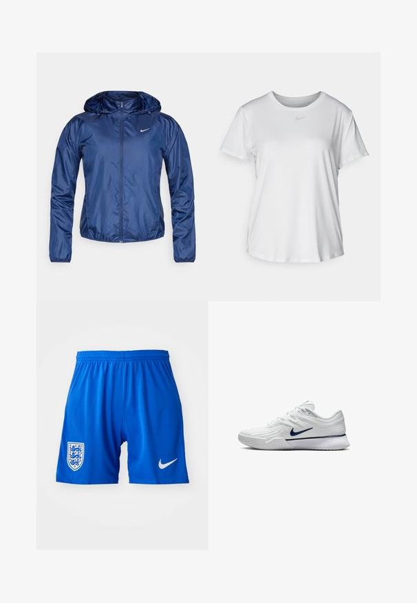 Chaqueta impermeable azul marino con capucha, cierre de cremallera, puños elásticos y un pequeño logo blanco en el pecho. Textura suave y brillante.; Camiseta blanca de manga corta hecha de tejido suave, con un escote redondo y un pequeño logo de Nike gris en el pecho.; Pantalones cortos deportivos azules con una tela texturizada, cinturilla elástica, logotipo de Nike en blanco y escudo de la selección nacional de Inglaterra en el lado izquierdo.; Zapatilla deportiva blanca con parte superior de malla texturizada, acentos en azul marino y una suela acolchada con un agarre con patrón. Cordones integrados en el diseño.