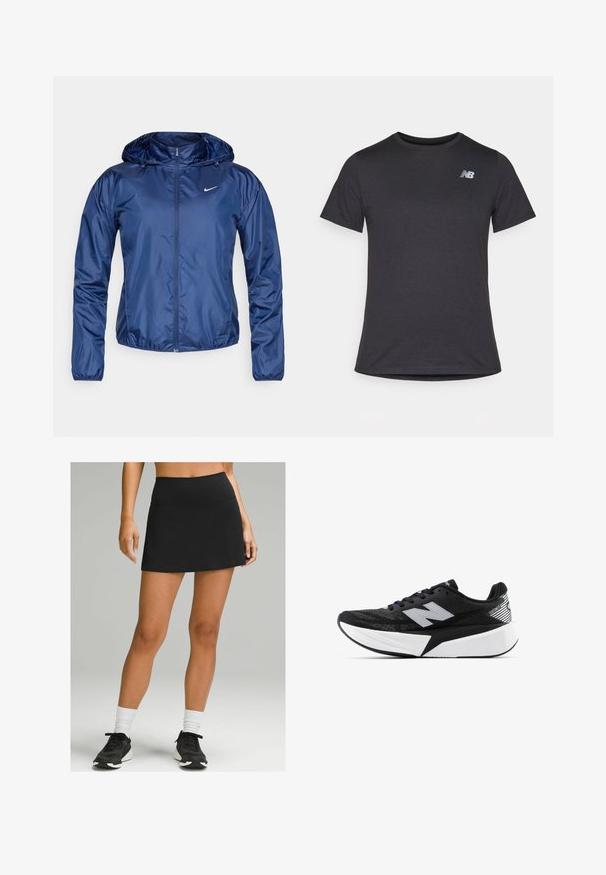 Laivansinis vedenkestävä takki hupulla, vetoketjullinen, joustavat hihansuut ja pieni valkoinen logo rinnassa. Sileä, kiiltävä pinta.; Musta lyhyt hiha t-paita, joka on valmistettu pehmeästä kankaasta. Paidassa on pieni harmaa New Balance -logo vasemmassa ylärinnassa ja klassinen pyöreä kaula-aukko.; Musta urheiluhame, jossa on korkea vyötärö, valmistettu joustavasta materiaalista. Hameessa on sileä pinta ja levenevä helma. Yhdistetty mustiin tennareihin.; Mustat ja valkoiset New Balance -juoksukengät, joissa on paksu pohja, verkkomateriaali päällä ja "N"-logo sivulla, nähtynä ulkopuolelta.