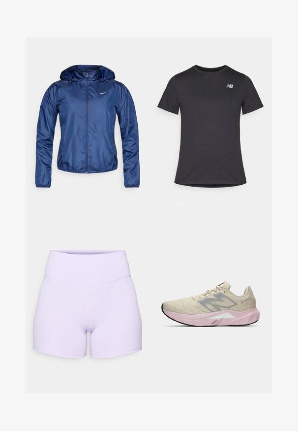 Veste imperméable bleu marine avec capuche, fermeture éclair, poignets élastiques et un petit logo blanc sur la poitrine. Texture lisse et brillante.; T-shirt noir à manches courtes en tissu doux, avec un petit logo gris New Balance sur le côté gauche de la poitrine, design classique à col rond.; Shorts lilas taille haute en tissu extensible. Présentent des coutures à plat et un design ajusté avec une texture lisse.; Chaussure de course beige clair avec un logo "N" gris, semelle rose étiquetée "FuelCell" et talon texturé, présentée sur un fond blanc.